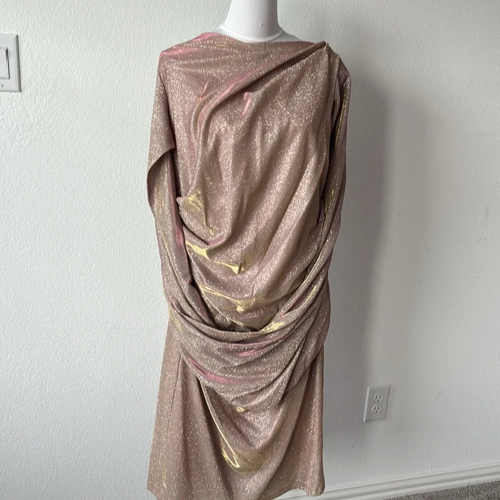 Betsy & Adam Gold and Pink Ruched Sheath Midi Dress - Picture 11 of 14